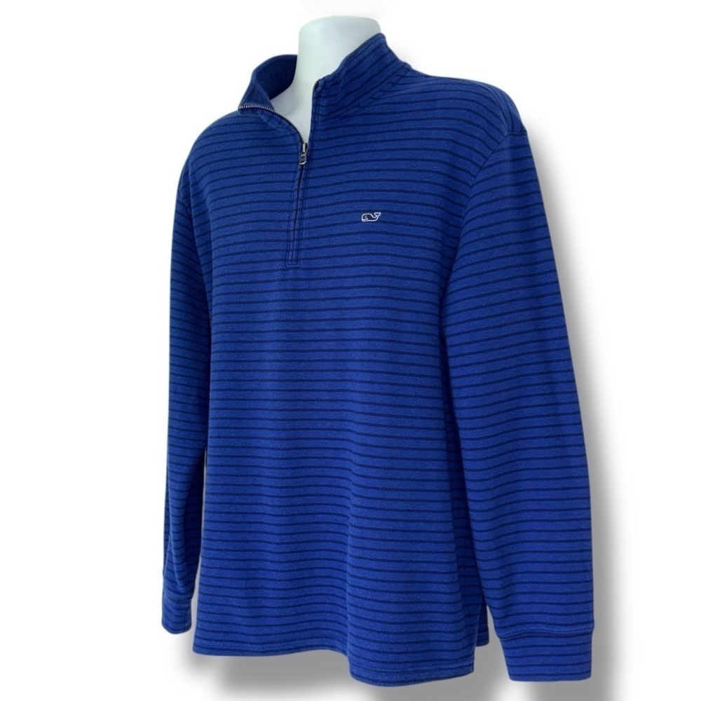 Vineyard Vines Quarter Zip Pullover Mens XL Blue Stripe Whale Logo Cotton Blend